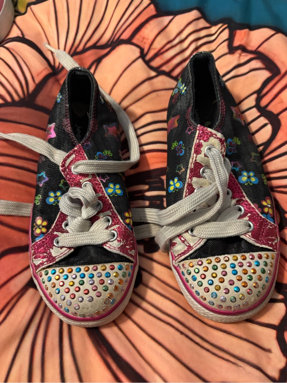 jumping beans Black Floral Rhinestone-Studded Lace-Up Sneakers with Pink Accents